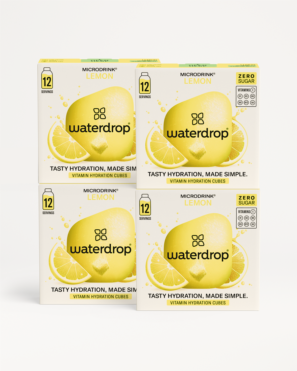 CITROEN 3+1: Vier dozen waterdrop Microdrink in citroensmaak, elk met 12 suikervrije hydratatieblokjes. Voorzijde toont citroen en kubus, aangevuld met vitamines C en B-complex. Tasty hydration, made simple.