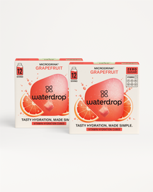 Fizzy Refreshment Twin-pack: Twee dozen Waterdrop Microdrink met Grapefruit-smaak, elk voor 12 porties, zonder suiker, boordevol vitamines. Met de slogan Tasty hydration, made simple en grafische grapefruit en hydratatieblok.