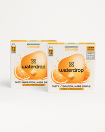 Fizzy Refreshment Twin-pack: Twee retaildozen Waterdrop® Microdrink® Orange hydraterende cubes. Bevat 12 suikervrije, sinaasappelsmaak cubes, met vitamines C, B1, B3, B5, B6, B9, B12. Tasty Hydration, Made Simple.