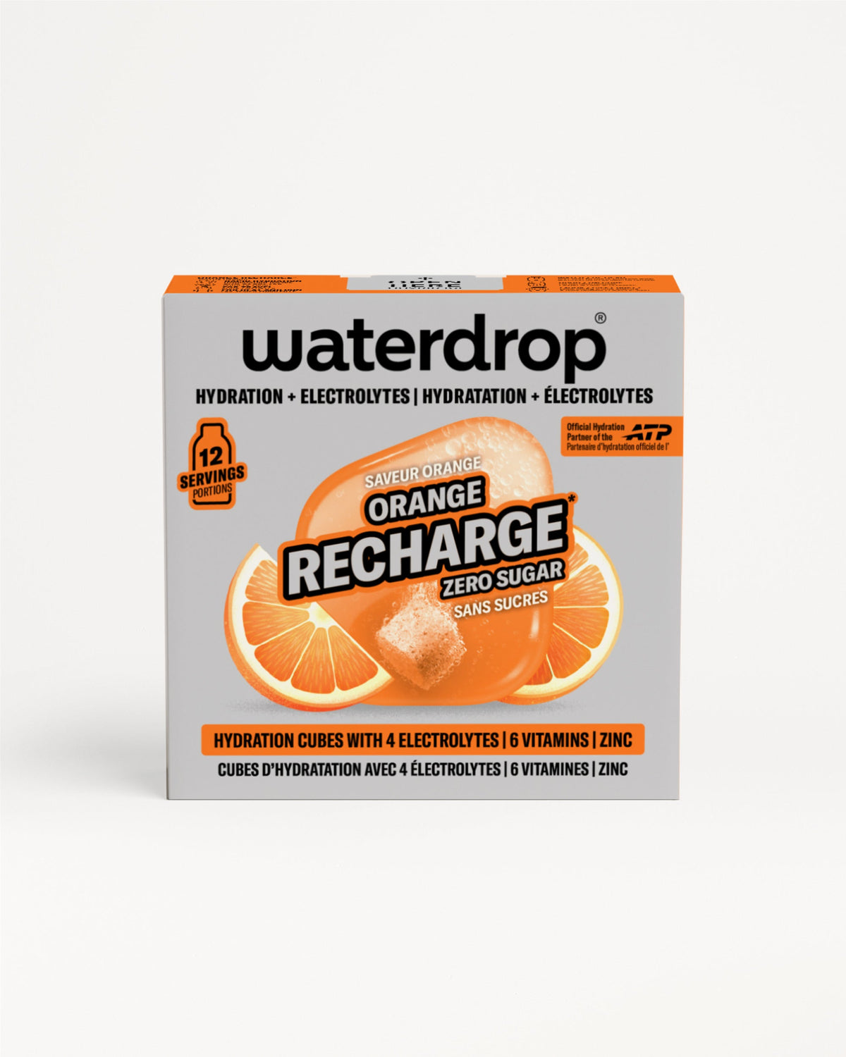 ORANGE RECHARGE retailbox met 12 suikervrije hydratatieblokjes per doos, met sinaasappelsmaak, vier elektrolyten, zes vitamines, en zink. Bilinguale verpakking met ATP-partnerlogo, sinaasappelschijfjes en oplossend blokje zichtbaar.