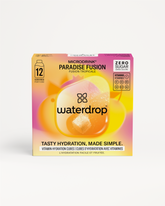 PARADISE FUSION label en logo close-up, een verfrissende sinaasappel- en mangodrankmix van waterdrop®, ideaal voor een zomerse smaakervaring zonder calorieën of suiker.