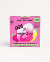 PINK LEMONADE: Een close-up toont een productlabel met de tekst PINK LEMONADE, omgeven door framboos en citroen, die de zoete en pittige smaken van deze beperkte editie onthullen.