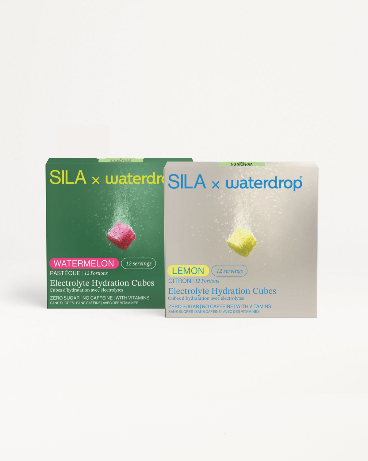 Twee doosjes van de SILA Hydration Set tonen Watermeloen en Citroen smaak elektrolytenblokjes, elk met 12 suikervrije, cafeïnevrije porties voor prestatiegerichte hydratatie en duurzaamheid van waterdrop® NL.
