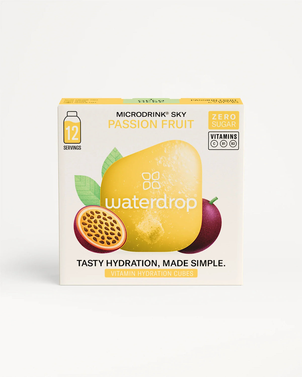 Kies je goodie: Waterdrop “Microdrink Sky” doos met passievruchtensmaak, 12 porties suikervrije hydratatieblokjes met vitamines C, B1 en B3. Op de voorkant een gele kubus en passievruchtillustratie.
