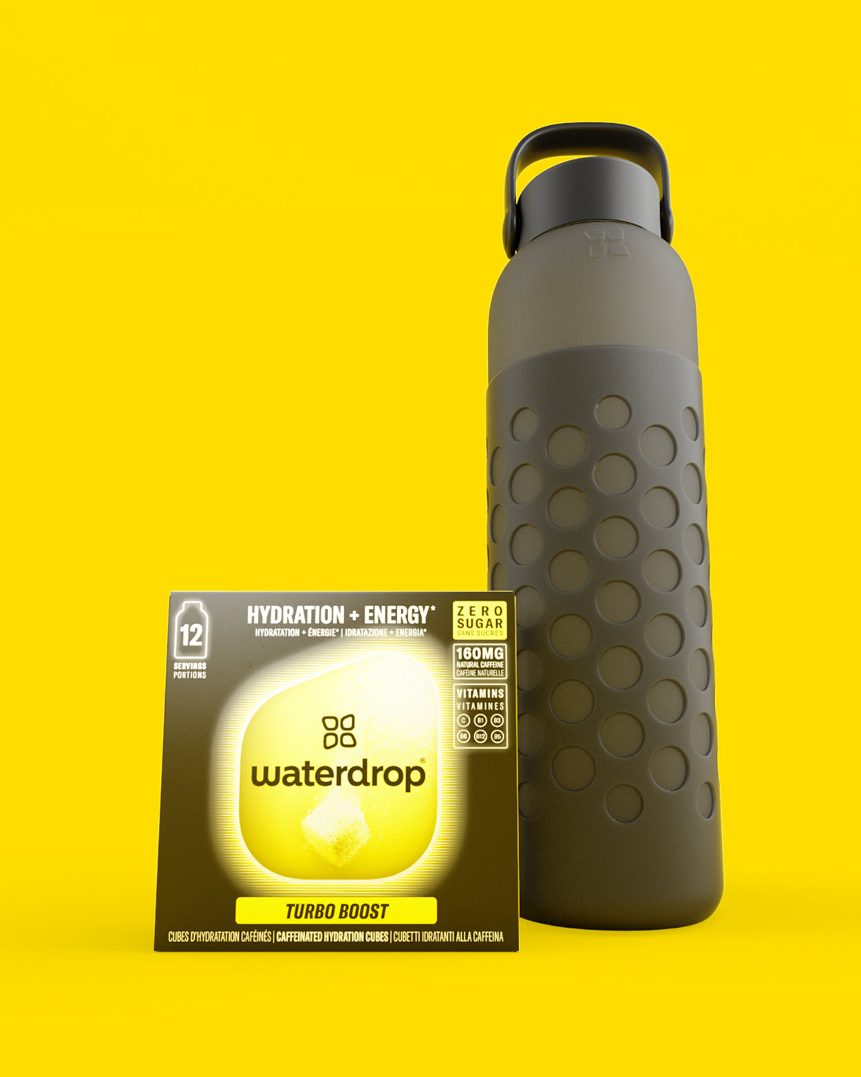 Glazen set Booster: Een stijlvolle, donkere geïsoleerde fles met siliconen grip en handvat, naast Waterdrop Turbo Boost blokjes (12 suikervrije porties, 160 mg natuurlijke cafeïne, toegevoegde vitaminen) voor een langdurige energieboost.