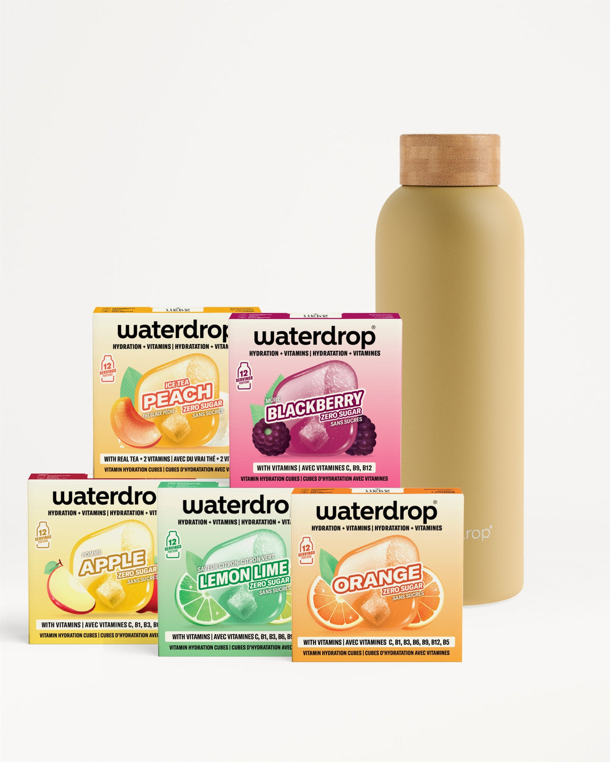 Vijf doosjes Waterdrop “vitamin hydration cubes” in smaken Ice Tea Peach, Blackberry, Apple, Lemon-Lime en Orange, met een matte herbruikbare fles met bamboe-deksel; 30 Days Starter Set Thermo Steel.