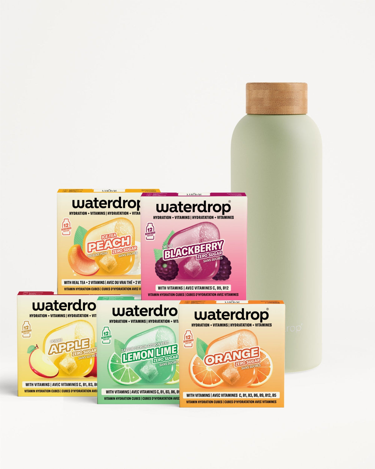 30 Days Starter Set Thermo Steel: assorti Waterdrop hydratatieblokjesdozen met ijsthee perzik, braam, appel, citroen-limoen, sinaasappel voor 12 porties, naast een herbruikbare groene thermofles met houten dop.
