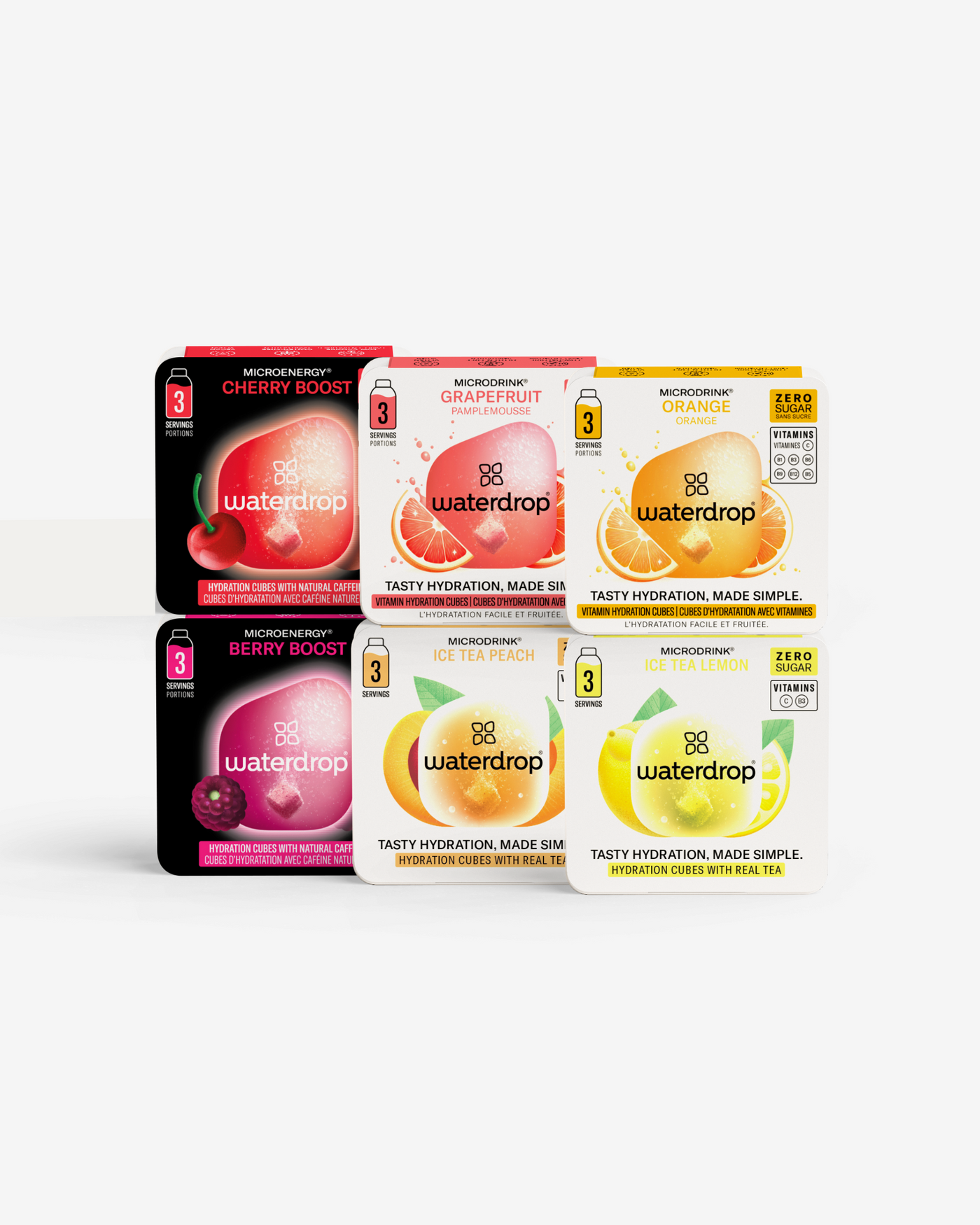 Mix Taster Pack (Copy) met zes waterdrop® hydratatieblokjes: Cherry Boost, Grapefruit, Sinaasappel, Berry Boost, Ice Tea Perzik, en Ice Tea Citroen. Proef verschillende smaken voor een verfrissende, suikervrije hydratatie.