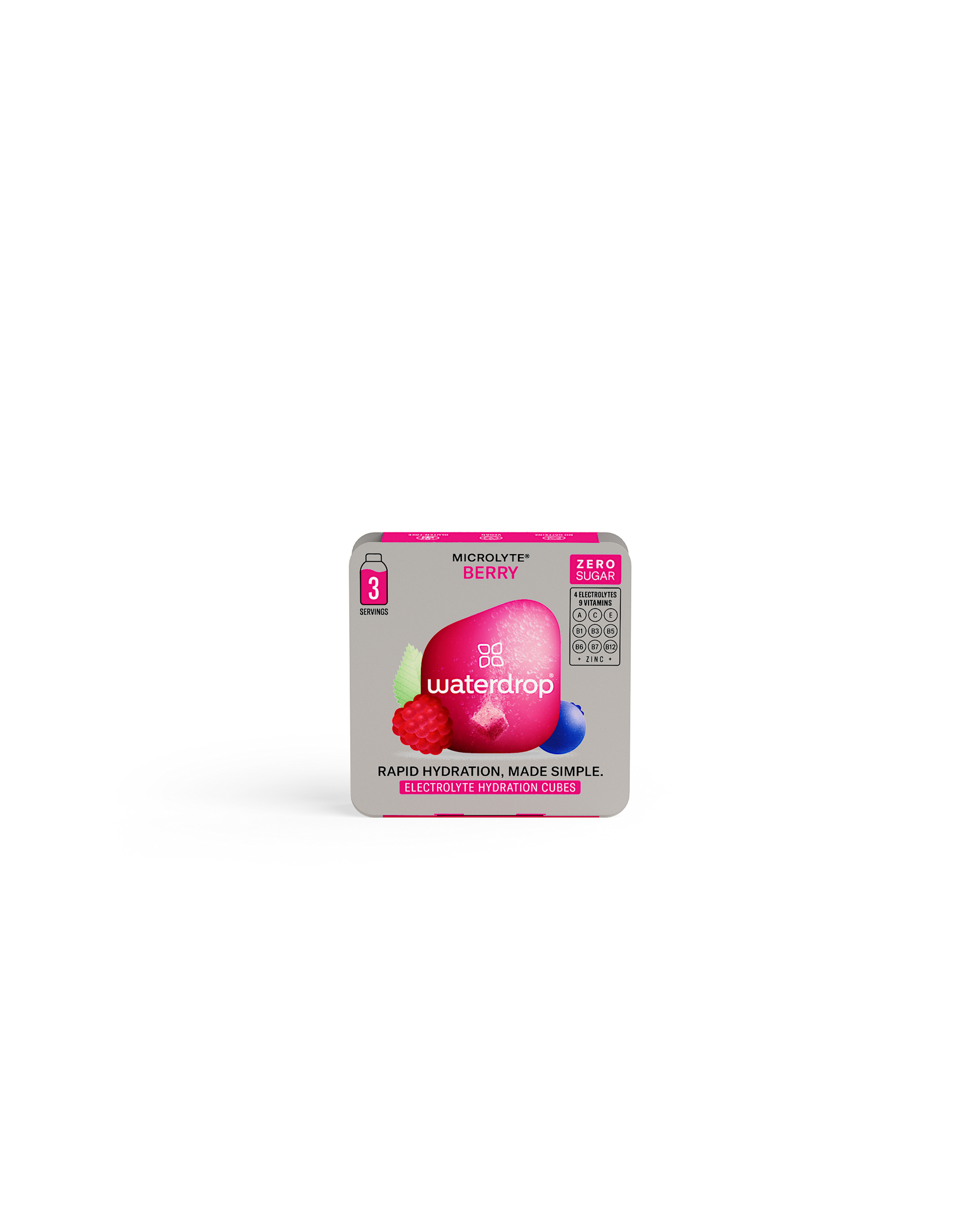 Blikje Waterdrop “Microlyte® Berry” elektrolytenhydratatieblokjes, met het label Kies 3 drops smaak. Bevat nul suiker, snelle hydratatie, vier elektrolyten, negen vitamines en zink. Drie porties met framboos- en bosbesafbeeldingen.