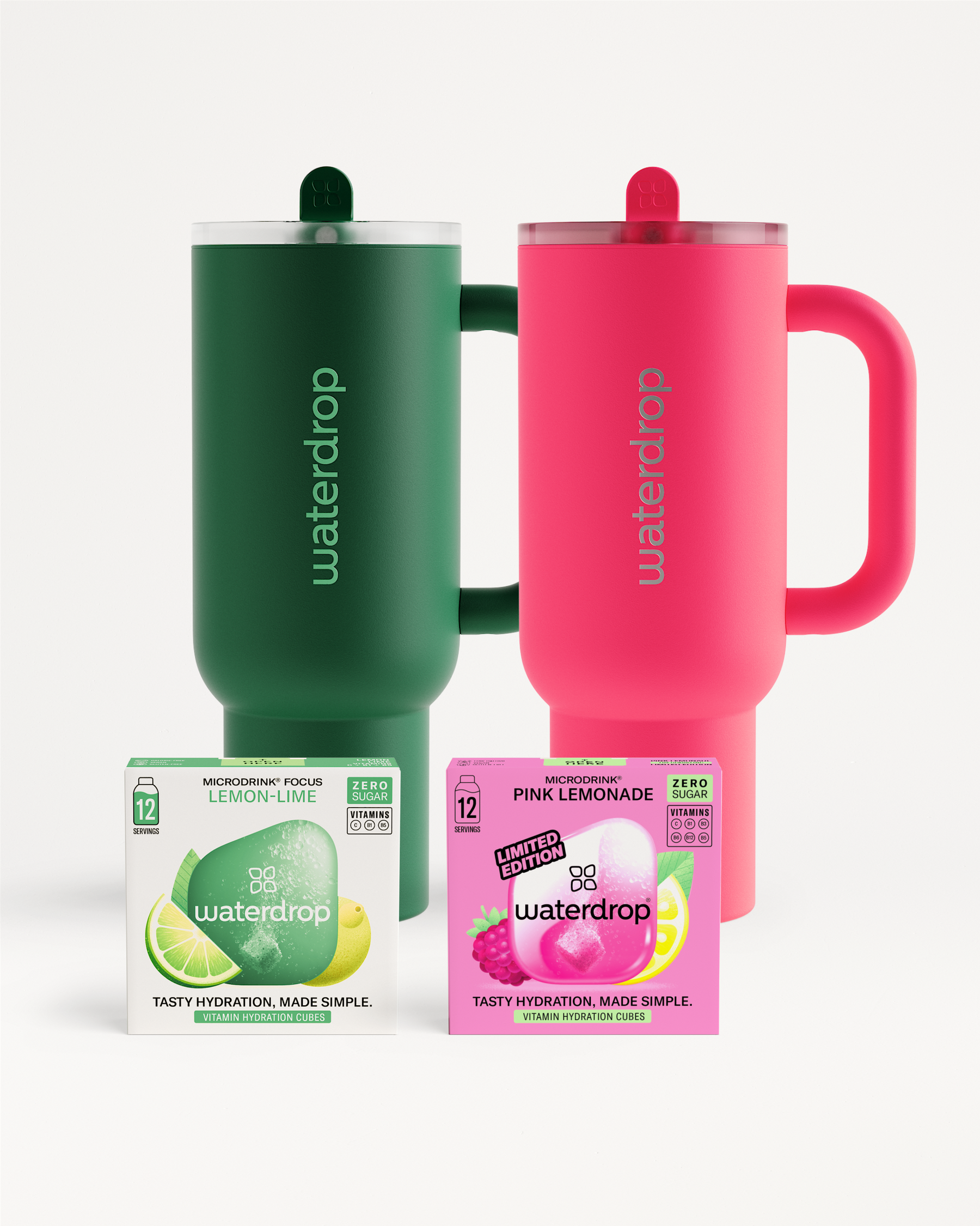 Naughty or Nice Hydration Set: Twee geïsoleerde waterdrop® drinkbekers in groen en roze, vergezeld van Microdrink Focus Citroen-Limoen en Limited Edition Pink Lemonade, voor calorie- en suikervrije hydratatie.