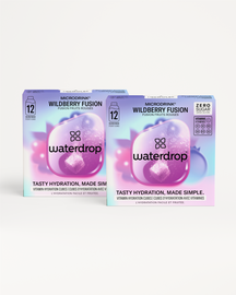 Fusion Dubbelpack: Close-up van het productlabel met de tekst Dubbel genieten van WILDBERRY FUSION en PARADISE FUSION, passend binnen waterdrop®'s aanbod van smaakvolle, suikervrije waterdrankjes.