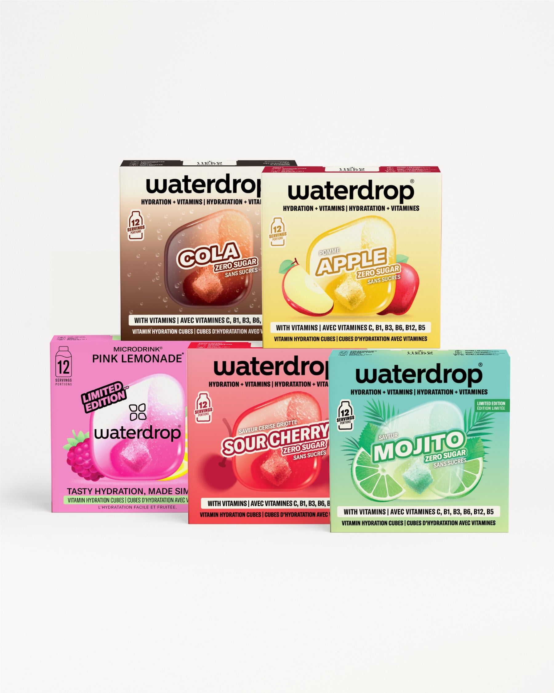 Gevarieerde Waterdrop-smaakboxen in een opstelling.