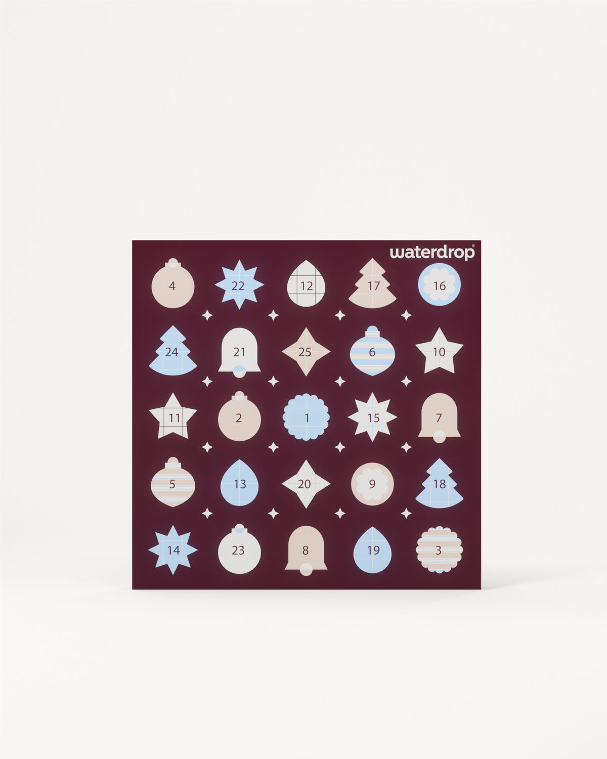 Adventskalender met 24 genummerde deurtjes in een donker paarse vierkant op een lichte achtergrond.