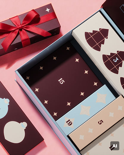 Open adventskalender met meerdere genummerde vakjes en feestelijke patronen op pastelpanelen, naast cadeaus op roze achtergrond.