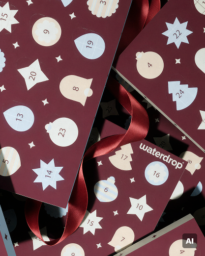 Adventskalender met genummerde deuren en rode linten.