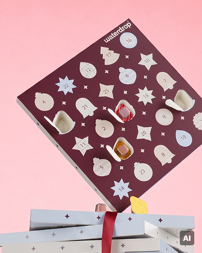 Adventskalender met genummerde witte deuren op een paarse vierkant boven ingepakte cadeaus op roze achtergrond.
