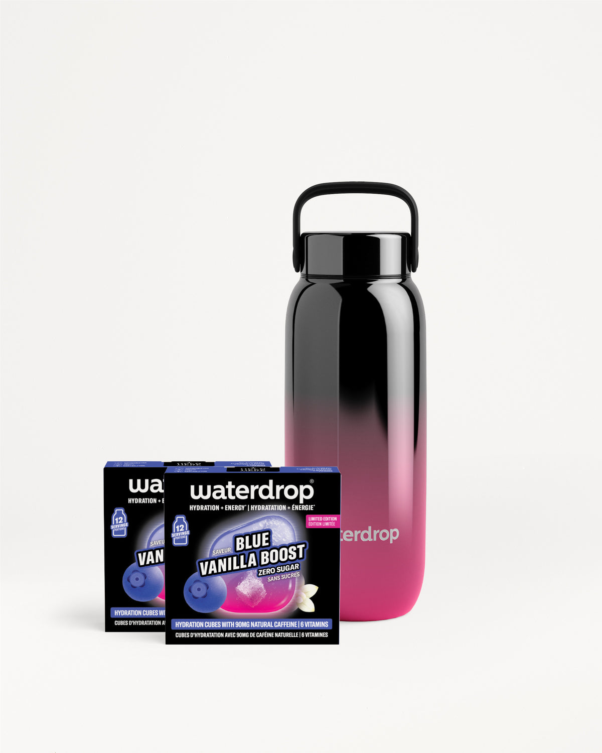 Lus gradient van zwart naar roze hervulbare waterfles met trekhaak naast een Waterdrop-product in verpakking.