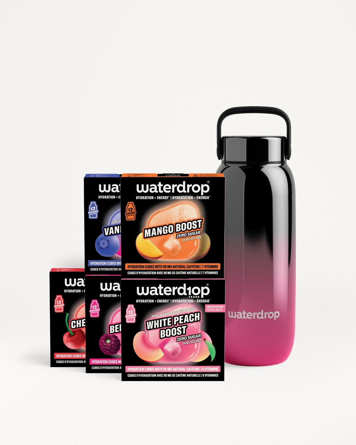 Assortiment smaakpoedersachets met herbruikbare fles in zwart-pijngradiënt.