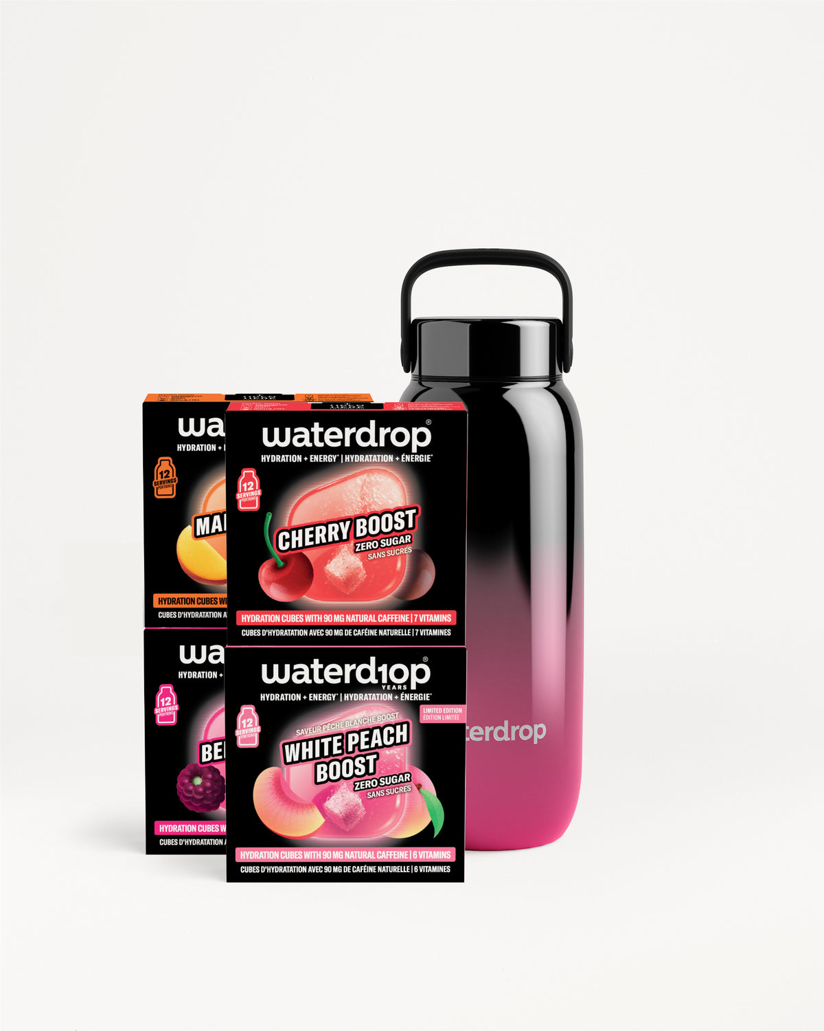 Set Waterdrop smaakboosters en een roze-naar-zwarte gradientfles.