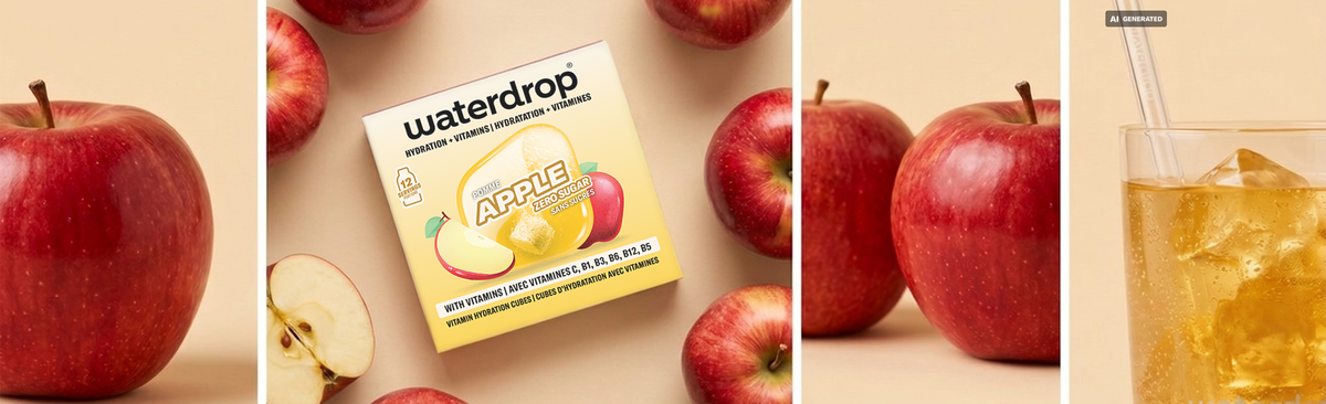 Collage met rode appels aan de zijkanten, een doorgesneden appel in het midden, een kleine verpakkingsdoos en een glas gekoelde drank.