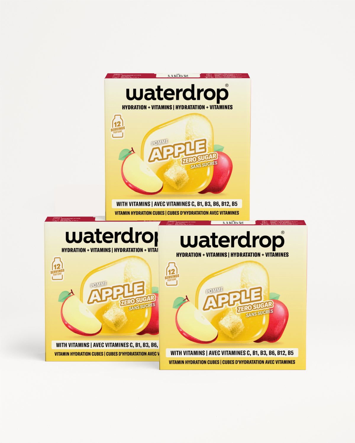 Drie Waterdrop appel hydration vitamijn druppels dozen in een piramide.