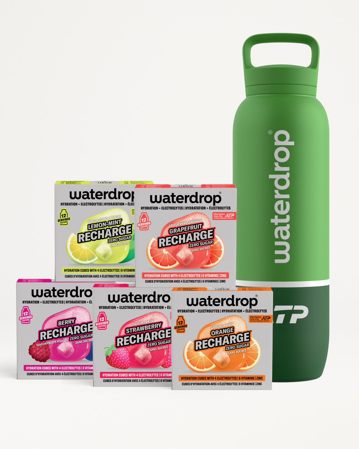 Verzamel boxes Waterdrop Recharge-smaakjes met een groene herbruikbare fles.