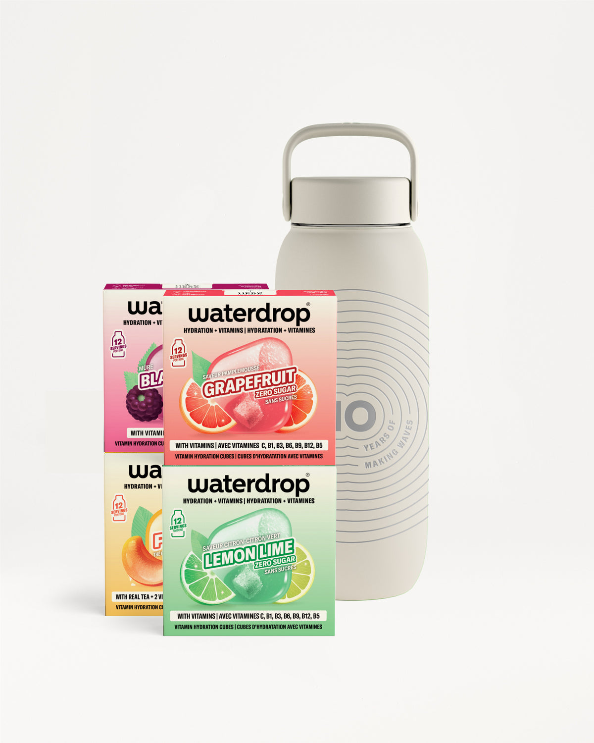 Verse Waterdrop-hydratatieboosters naast een lichtgrijze herbruikbare fles.
