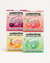Vier Waterdrop-verpakkingen voor hydratatie in een 2x2-raster geplaatst.