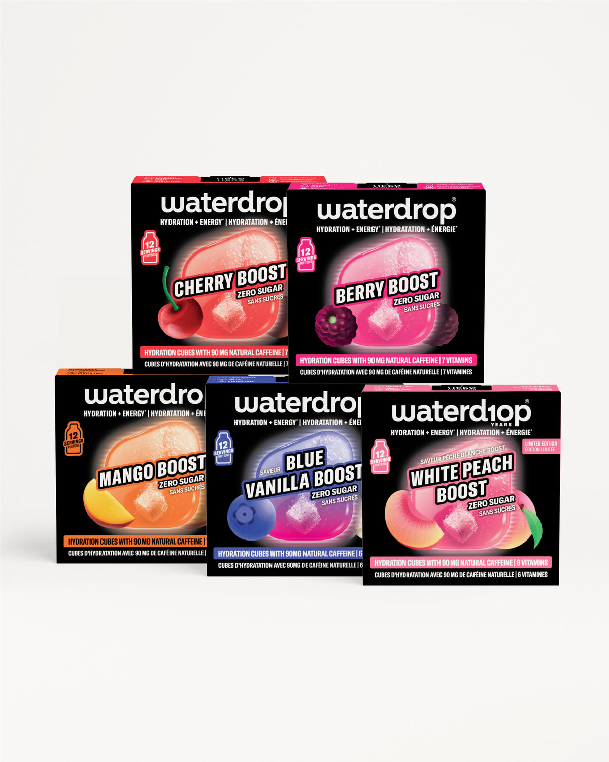 Verzamelboxen Waterdrop Flavor Boost in twee rijen.
