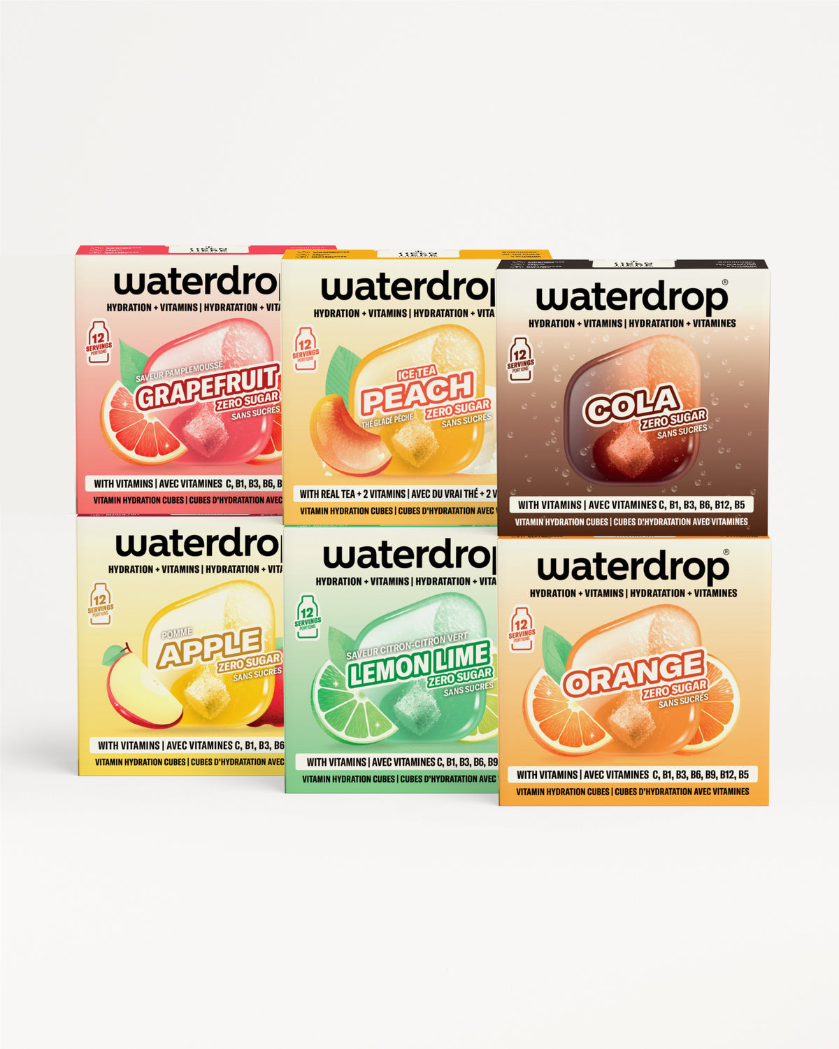 Zes Waterdrop-drankmix-dozen in twee rijen van drie.