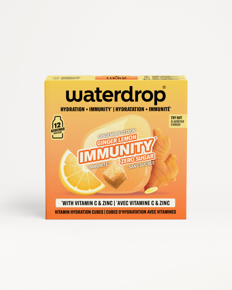 Oranje Waterdrop-immuniteit doos met citroen en gember afbeelding.