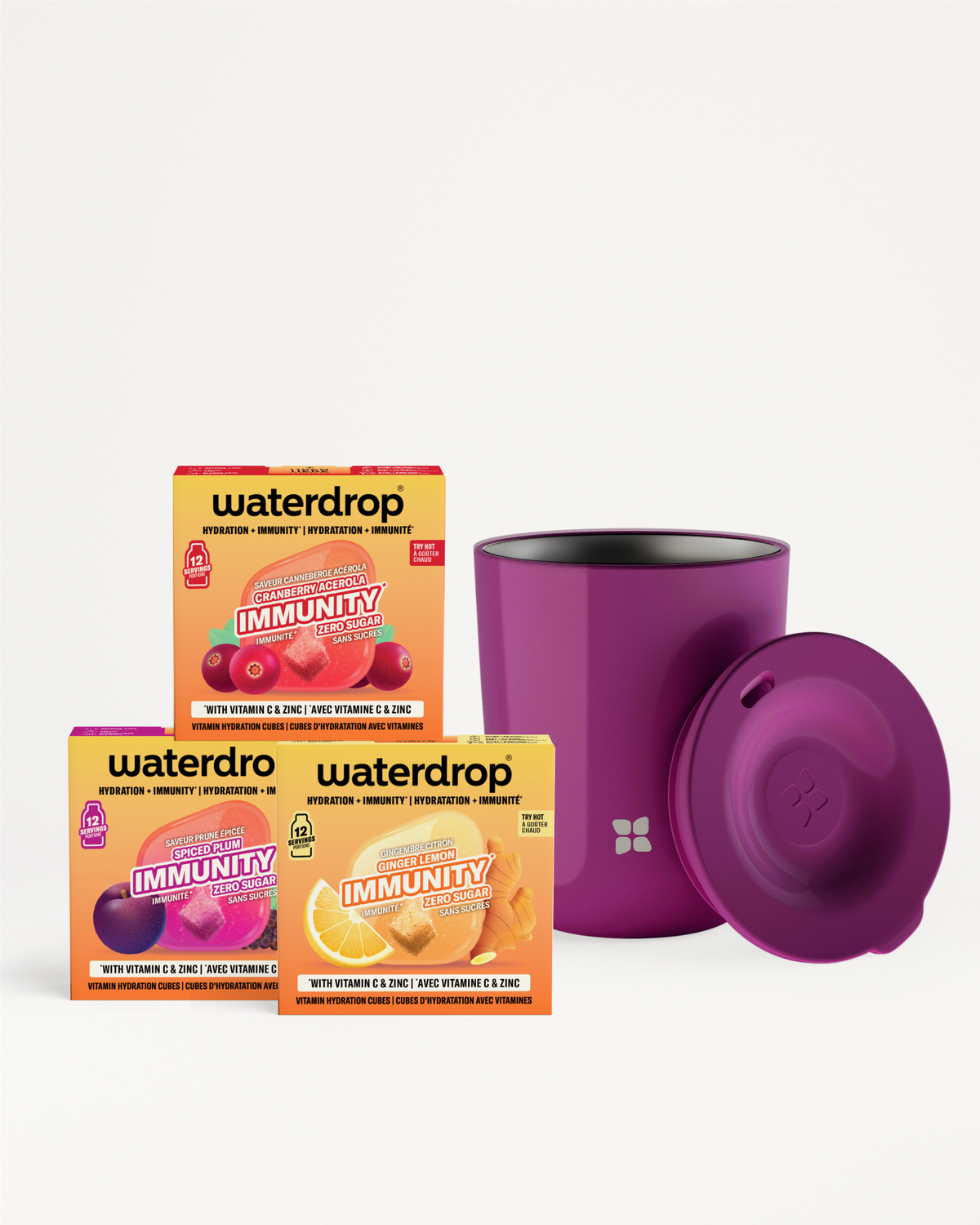Drie Waterdrop Immunity-doosjes met een paarse geïsoleerde beker en deksel.
