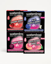 Vier Waterdrop-verpakkingen voor hydratatie in een 2x2-raster geplaatst.