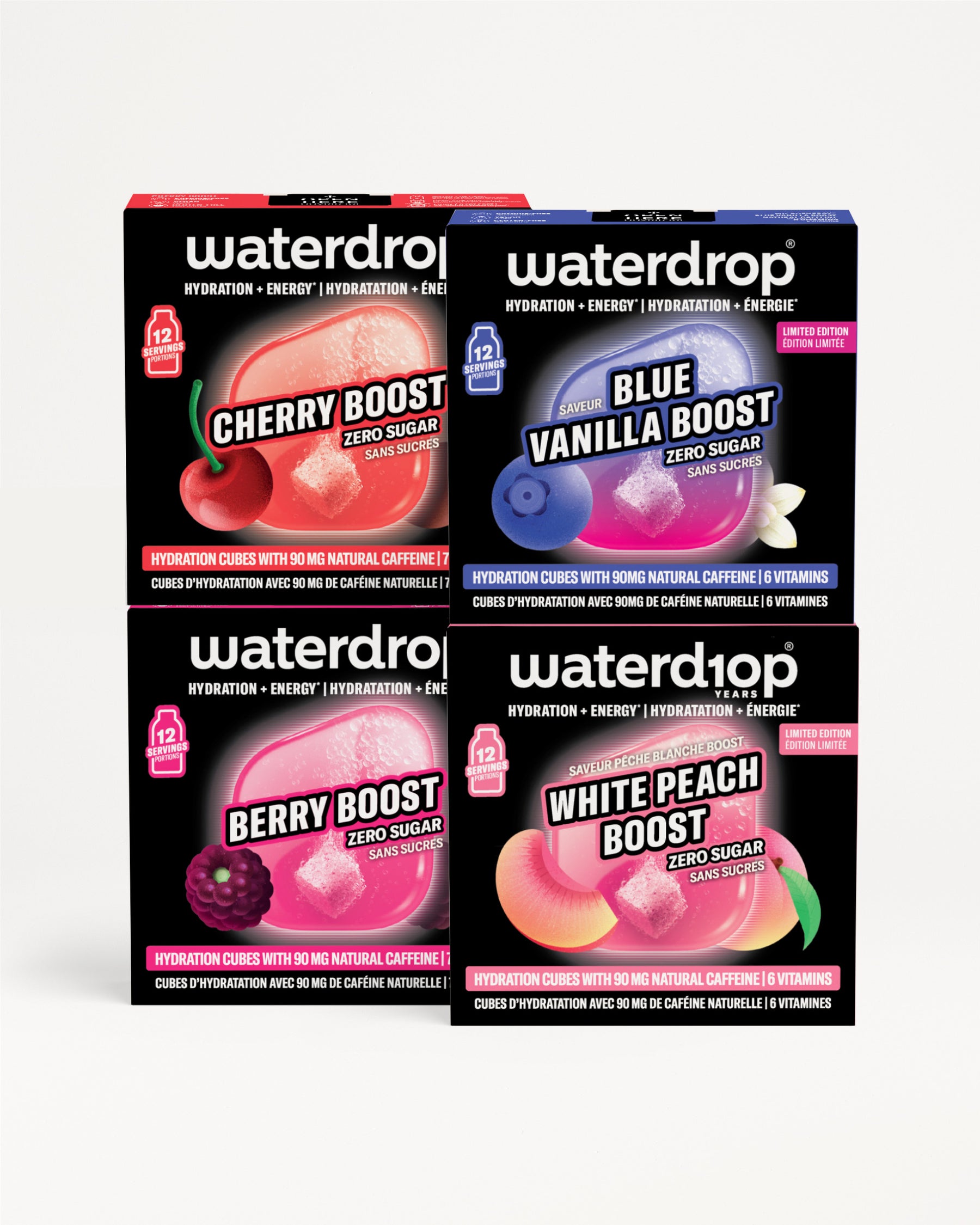 Vier Waterdrop-verpakkingen voor hydratatie in een 2x2-raster geplaatst.