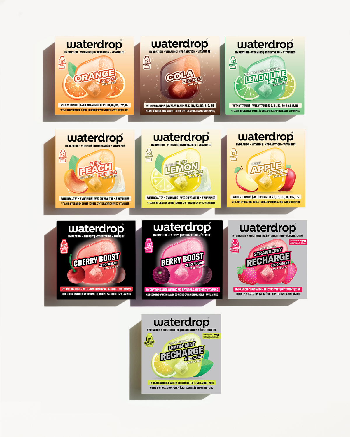 Assortiment Waterdrop-smaken dozen, in een piramide opgesteld.