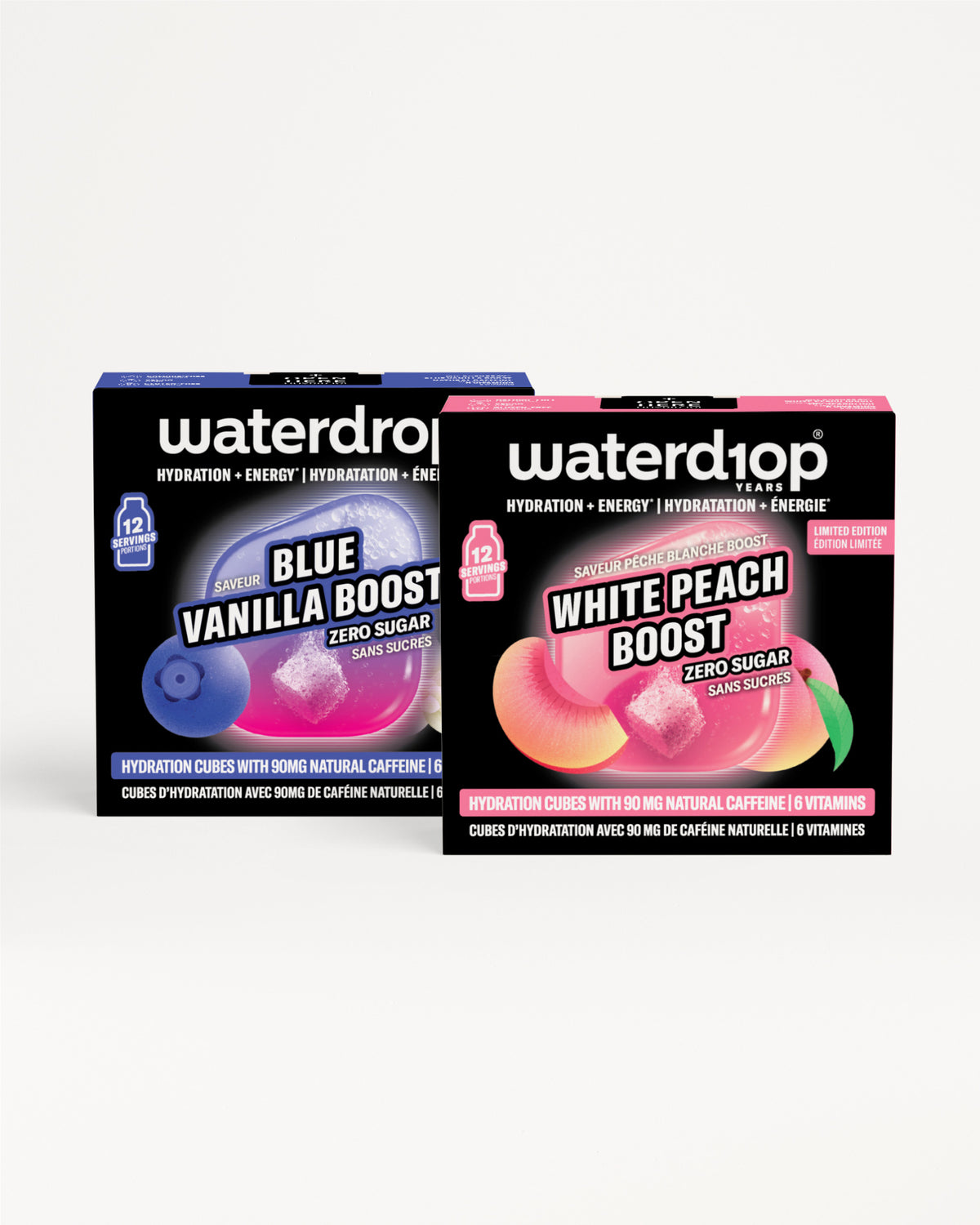 Twee Waterdrop-hydratatie dozen naast elkaar op een witte achtergrond, de een blauw-thema en de ander roze.