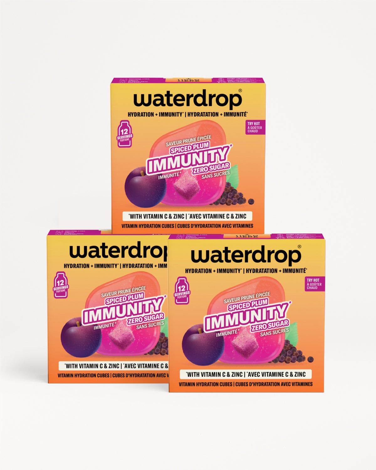 Drie Waterdrop-dozen gestapeld in een driehoekige vorm.