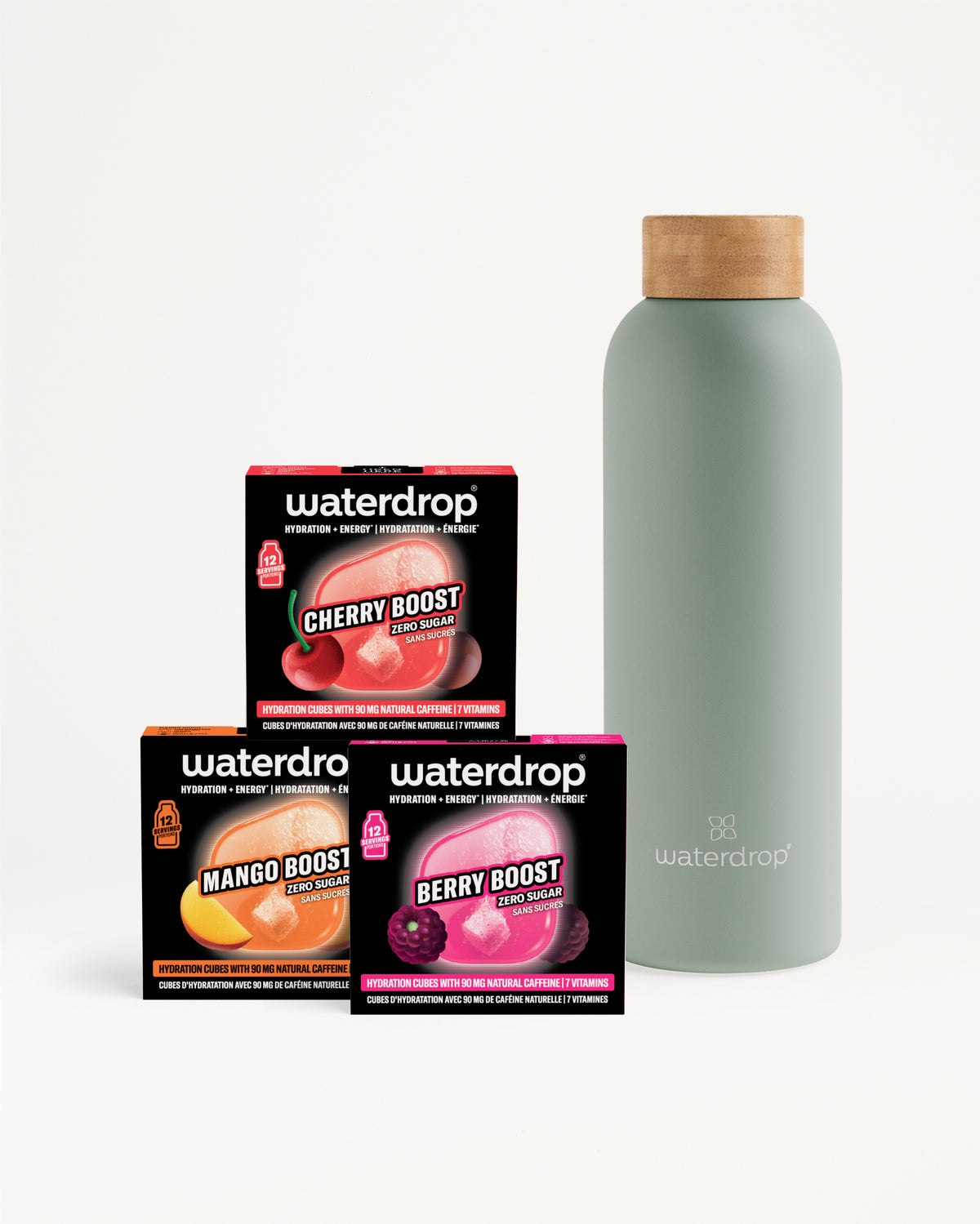 Drie Waterdrop Boost dozen met smaken voor een lichtgrijze fles met houten dop.