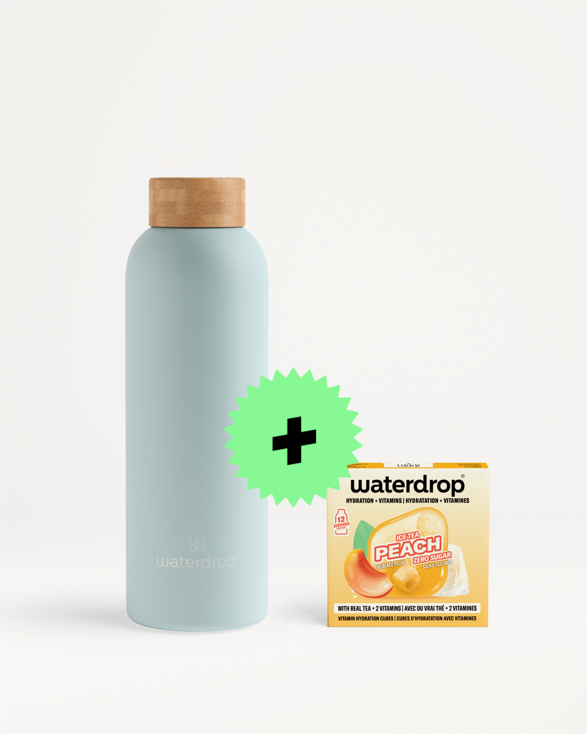Lichtblauwe herbruikbare waterfles met houten dop naast een peach Waterdrop-doos en een groen plus-teken badge.