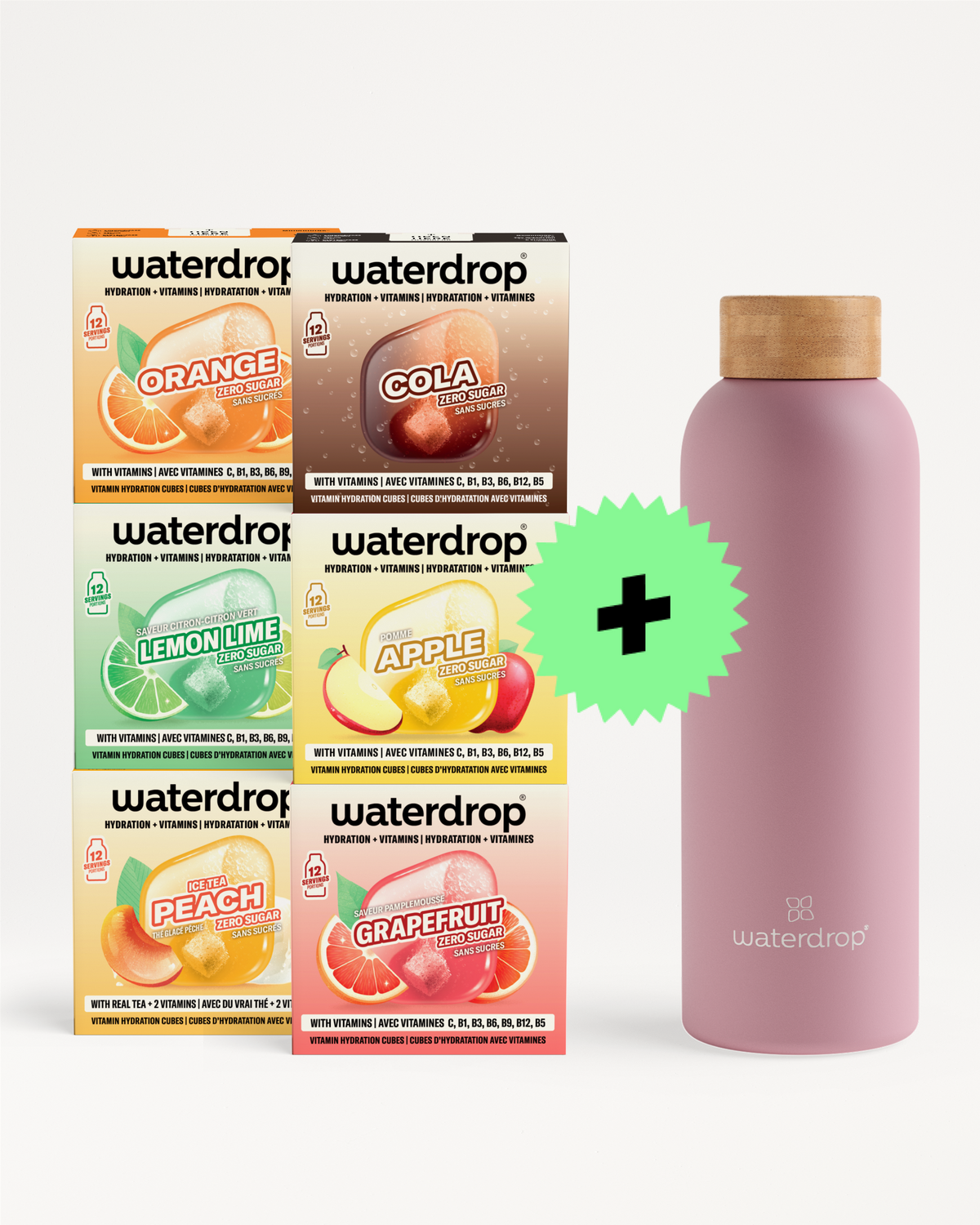 Zes Waterdrop-drankmix-boxen naast een roze fles met een groen plus-teken.