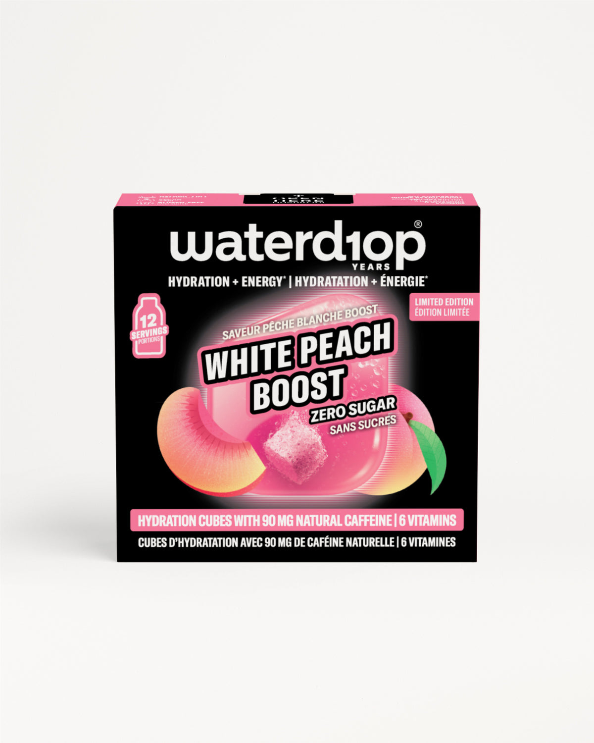 Kleine zwarte doos Waterdrop White Peach Boost hydratatieblokjes zonder suiker.