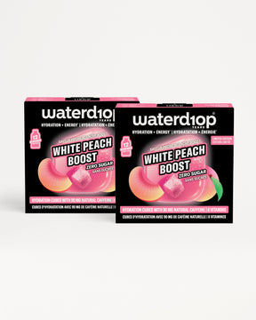 Twee zwarte Waterdrop-drankverpakkingen met roze accenten op een witte achtergrond.