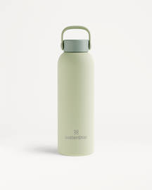 Matte afgewerkte RVS Drinkfles · Flessendop met draaglus, 600 ml, met waterdrop logo. Dubbelwandig roestvrij staal houdt dranken 24 uur koud of 12 uur warm.